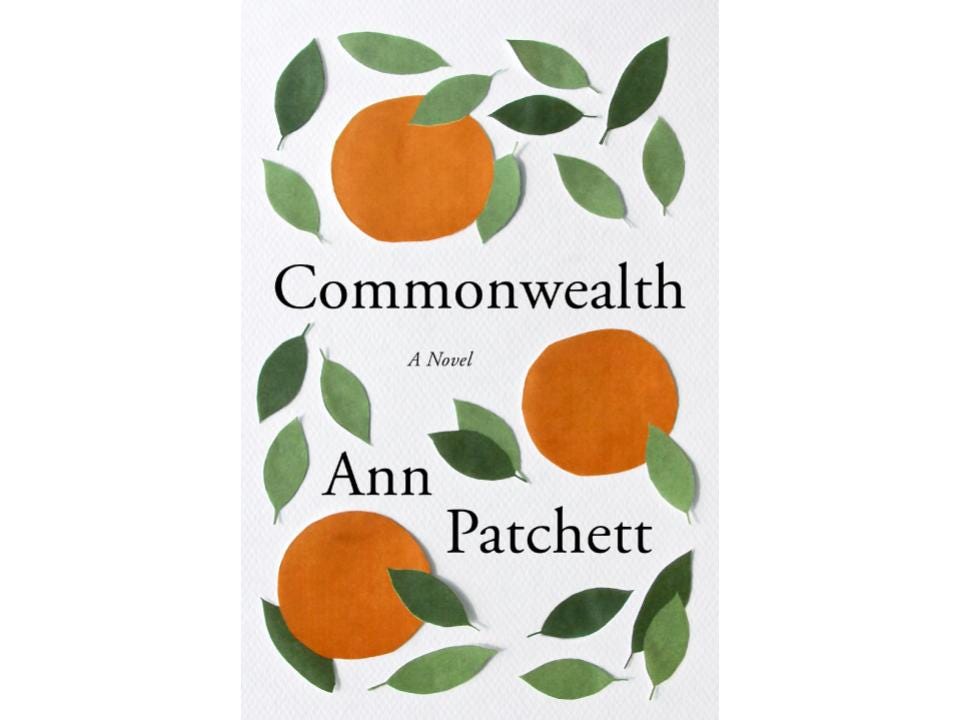 Book cover for “Commonwealth” depicting oranges and leaves cut out of paper.