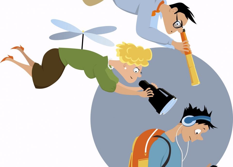 Helicopter parenting : Parents hovering over children like a helicopter.