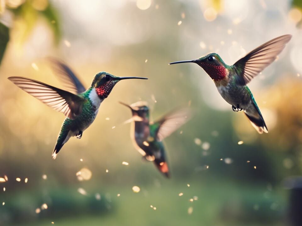 A group of hummingbirds flying around a backyard.