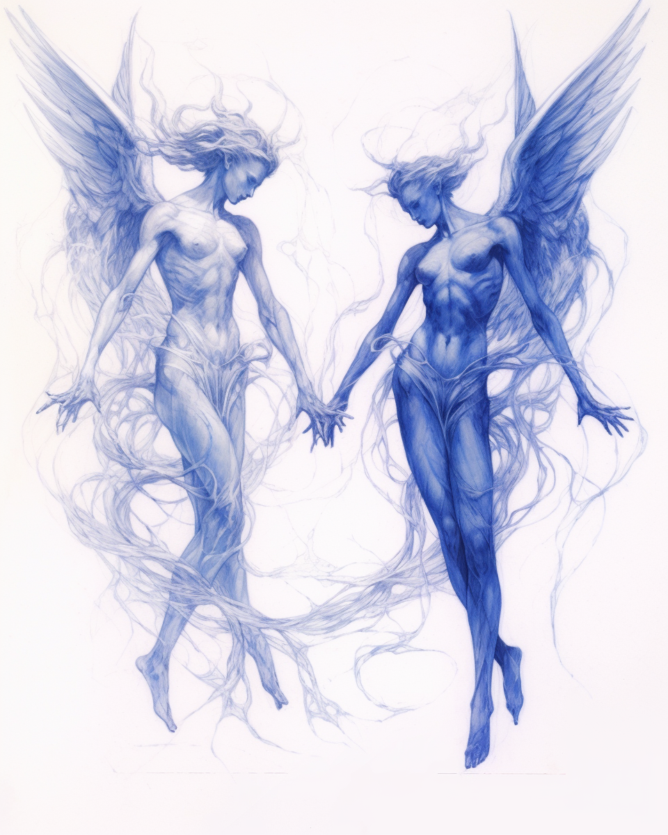 AI generated image of two mythological creatures resembling angel and demon.