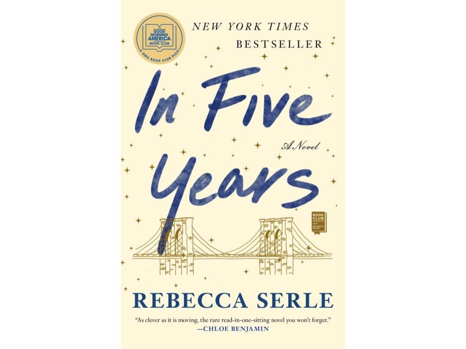 Book cover for “In Five Years” depicting a drawn outline of the Brooklyn Bridge.
