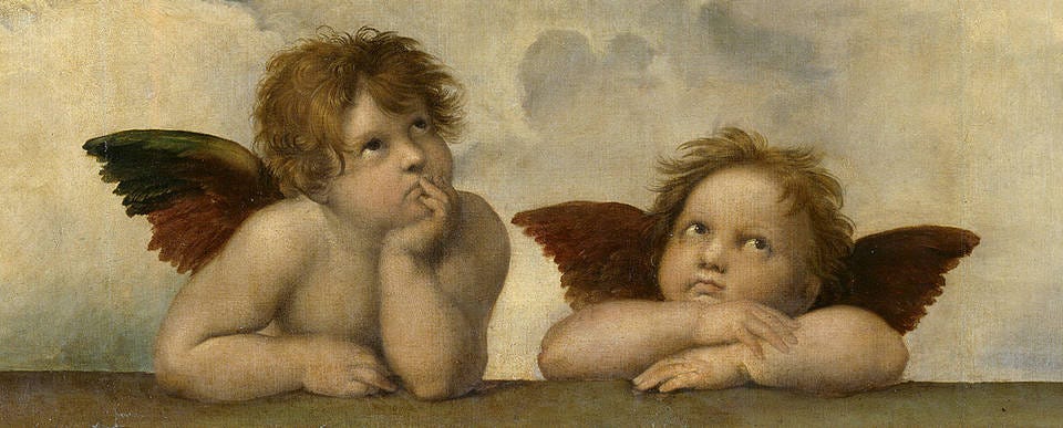 Painting of two chubby wings baby angels glancing up.