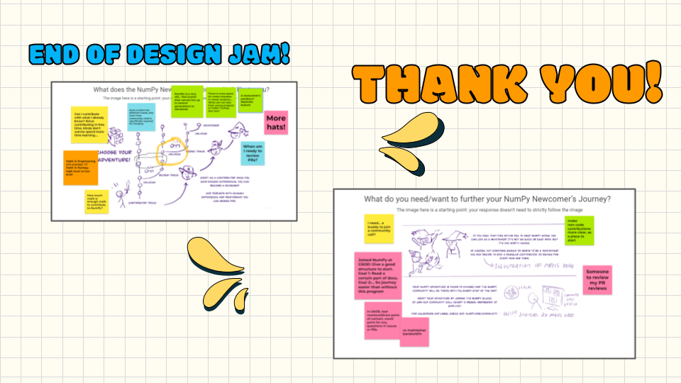 Two screenshots from the NumPy Newcomers Design Jam. The two screenshots show the NumPy Contributor comics overlaid with sticky notes of feedback written by the meeting attendees.