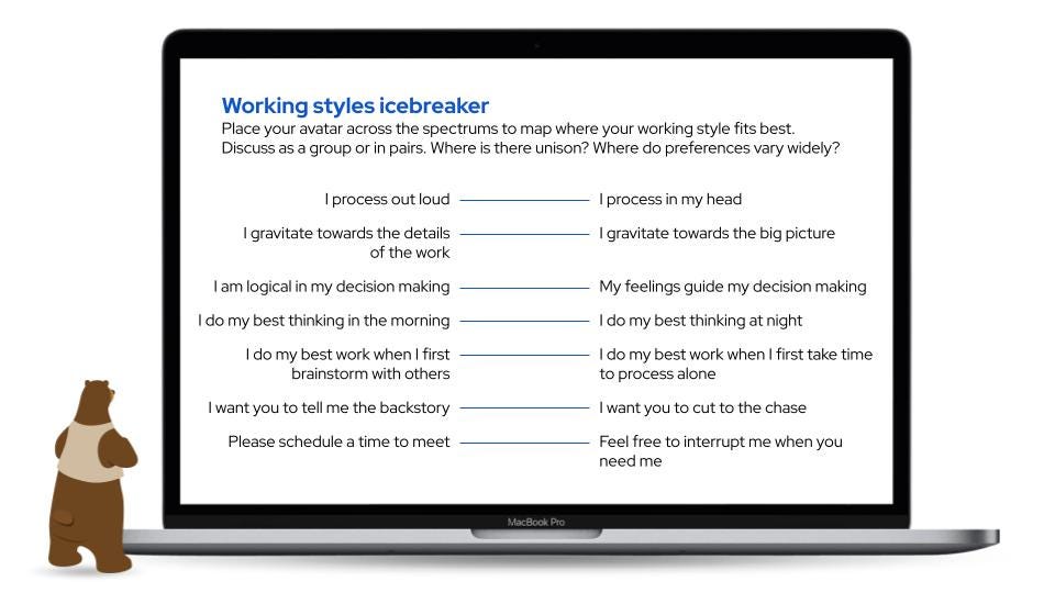 A MacBook screen showing an example of a working style icebreaker