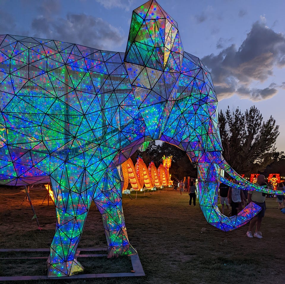 Same elephant at night at the Dragon Lights Festival in Reno, NV (© Michael Kamerick)