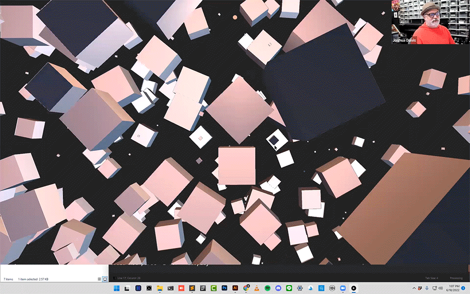 Gif from Joshua Davis’s Workshop — working with color; Floating cubes being animated sporadically across a black space. Very cool. Made with code.