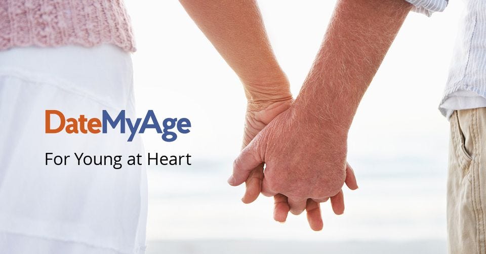 A couple holding hands with the words “datemyage for young at heart” — Social Discovery Group datemyage