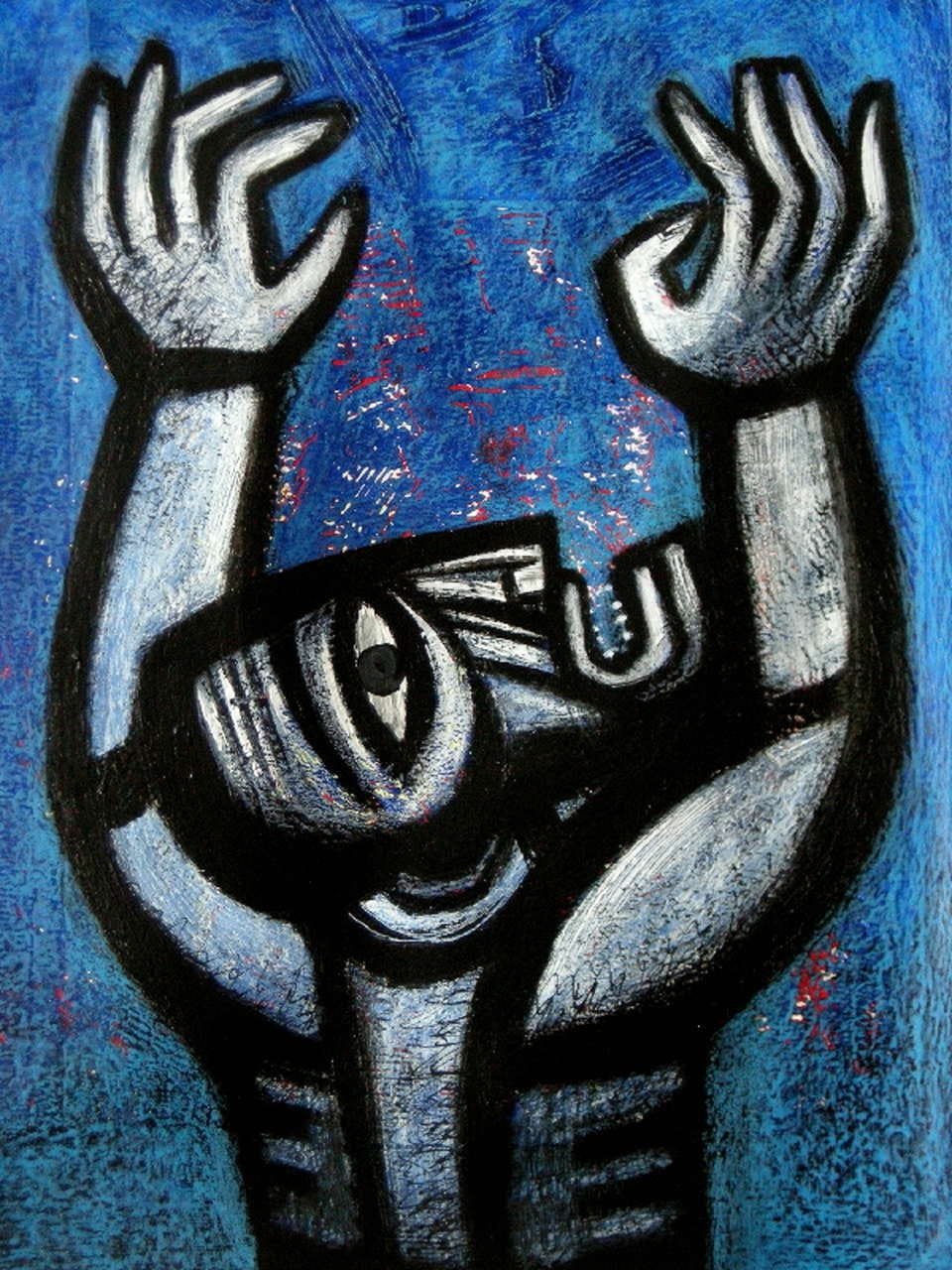 Painting in a contemporary style showing a figure with grayish skin on a deep blue background lifting his arms to the sky. His face is bent upward, one big eye visible to the viewer open wide and his mouth open in pain or a shout.