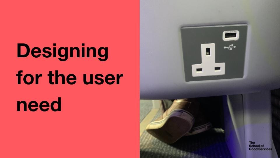 Designing for the user need with image of a plug on back of seat