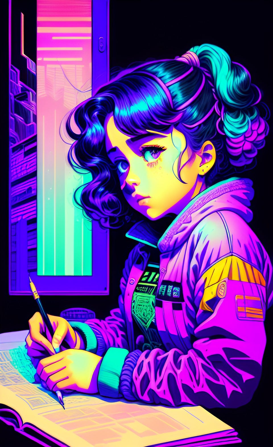 Colorful girl writing