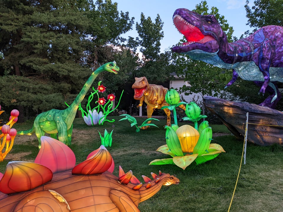 A herd of dinosaurs at the Dragon Lights Festival at the Wilbur D. May Arboretum and Botanical Gardens in Rancho San Rafael Park in Reno, Nevada. (© April Orcutt)