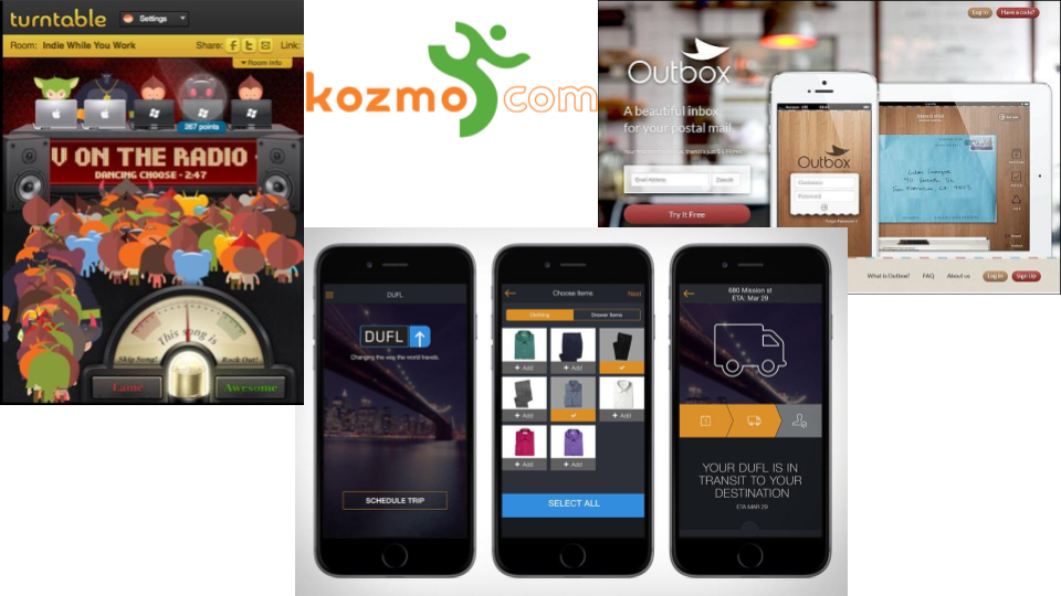Kozmo.com, Turntable.fm, Dufl.com, and OutboxMail.com