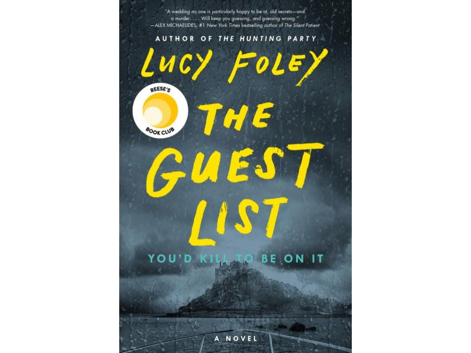 Book cover for “The Guest List” depicting a dark and rainy faraway island.