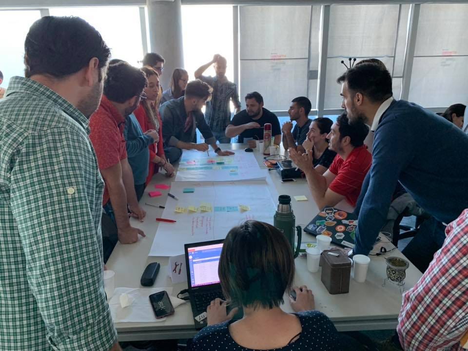 A Product team gathered around a table full of post-its discussing its backlog