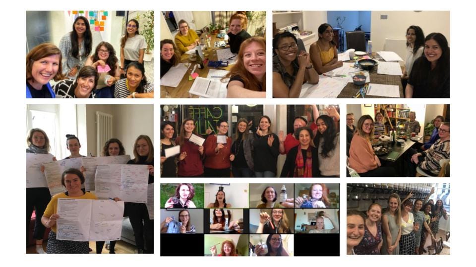 A grid of 8 photos of different groups of women, smiling, laughing, holding up big pieces of paper and postcards.