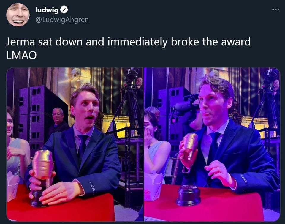 Jerma985 with one of his awards from the 2022 Streamer Awards. The first picture shows him surprised holding the base of the award. The second image is him holding the award broken at the base