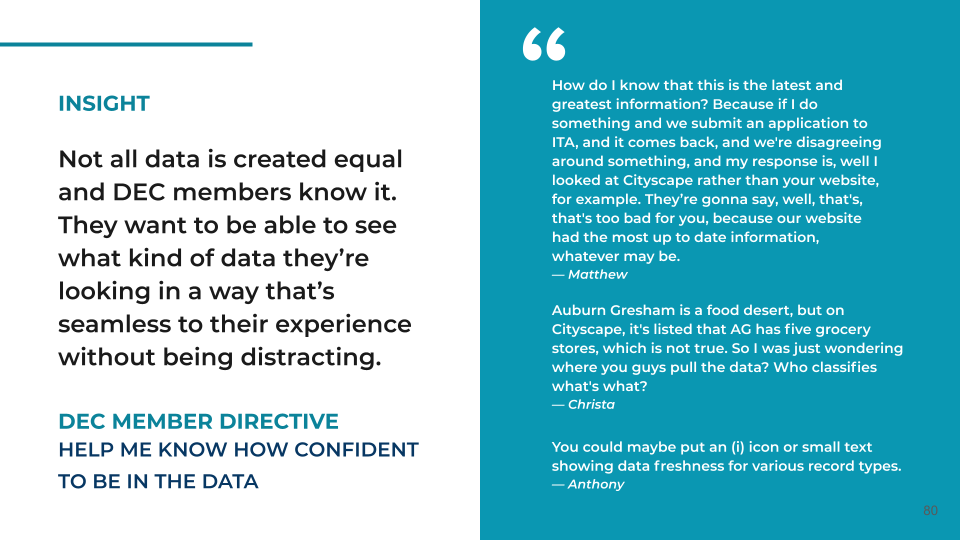 A graphic with a lot of text. “Not all data is created equal and DEC members know it. They want to be able to see what kind of data they’re looking in a way that’s seamless to their experience without being distracting.” Then, there are three quotes from DEC members describing their concerns about data freshness and quality.