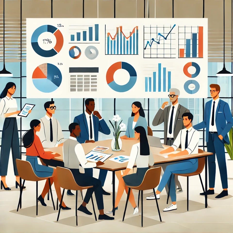 A professional blog graphic featuring diverse and inclusive team members in a modern office setting, collaborating around a table with charts and graphs