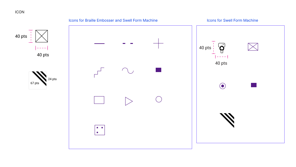 Multiple symbols ready-to-use for swell form and braille embosser for tactile maps. Including, symbols for doors, elevators, restrooms, and page orientation.