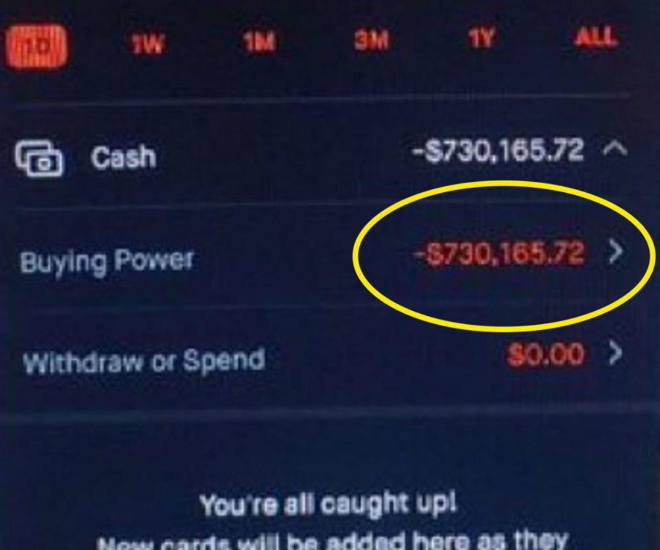 Apparent screenshot of actual Robinhood app showing negative cash balance.