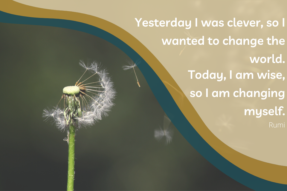 Dandelion in the wind with quote: Yesterday I was clever, so I wanted to change the world. Today, I am wise, so I am changing myself.” — Rumi