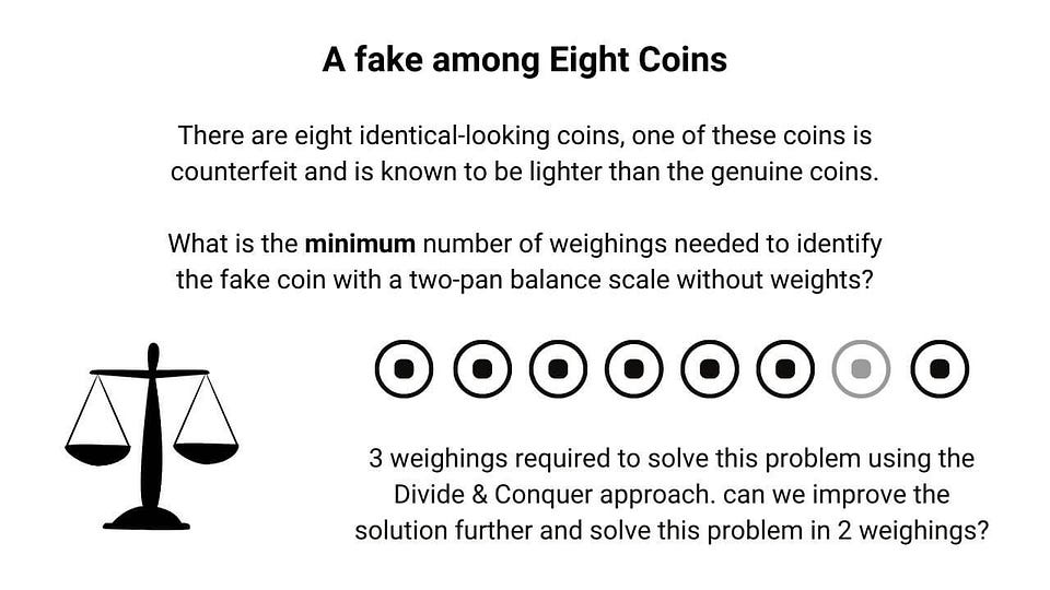 Identifying fake among 8 coins puzzle