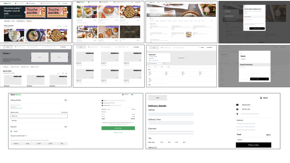 Wireframe results for Uber eats, composed of 5 screenshots and their respective prototype