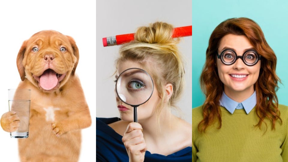 A dog with a glass of water. A woman with magnifying glasses. And another woman usign glasses.