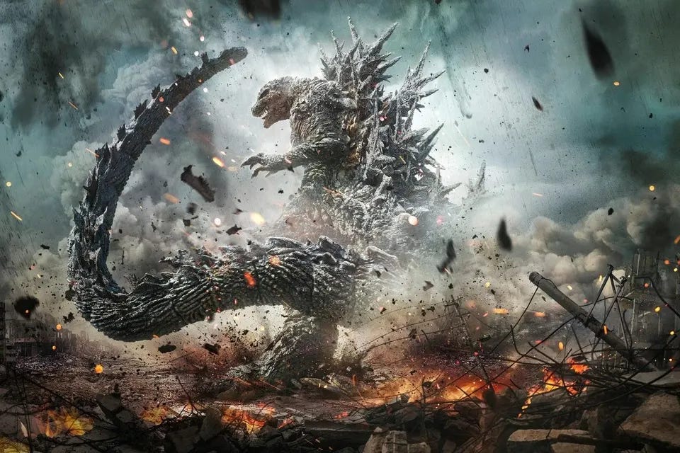 Non-text poster of Godzilla Minus One with Godzilla wreaking havoc.