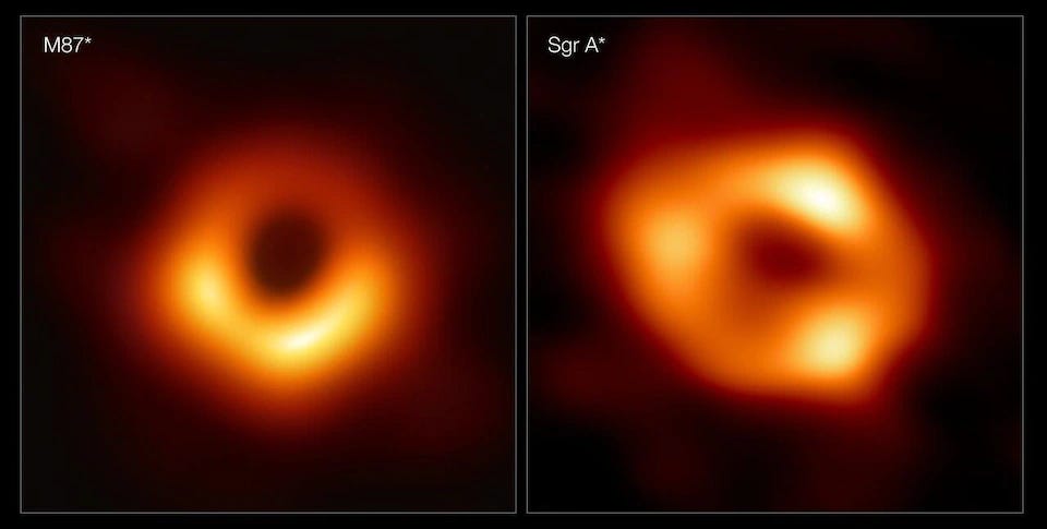 Left: Photo of the M87 black hole. Right: Photo of Sagittarius A* black hole.