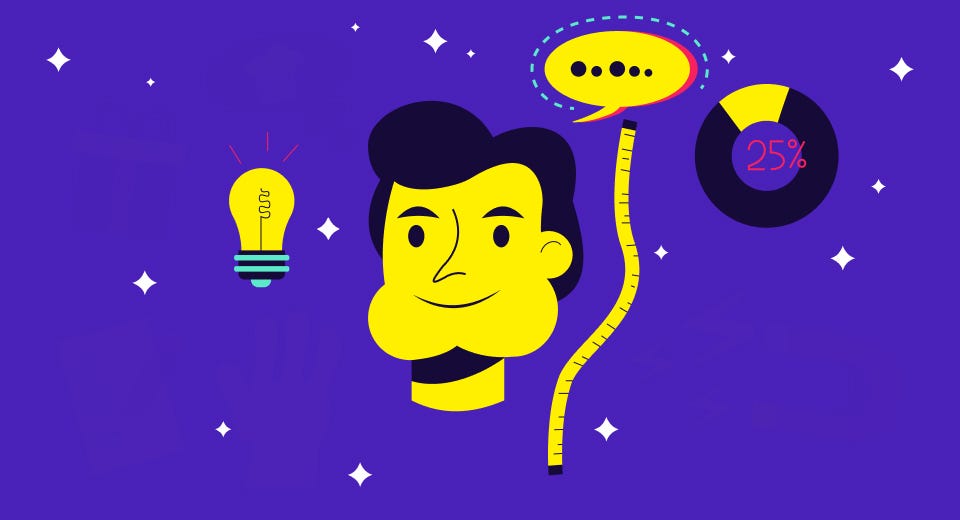 Man with a lightbulb, measuring tape, and speech bubble.