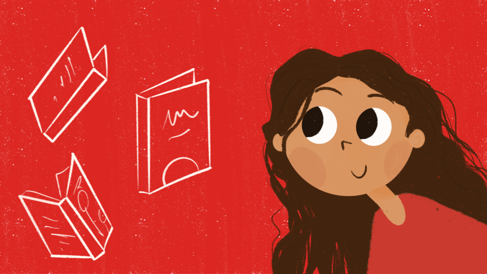 Garota com olhos grandes e cabelos compridos e ondulados castanhos à direita, com uma blusa vermelha, olhando para 3 livros a sua esquerda.