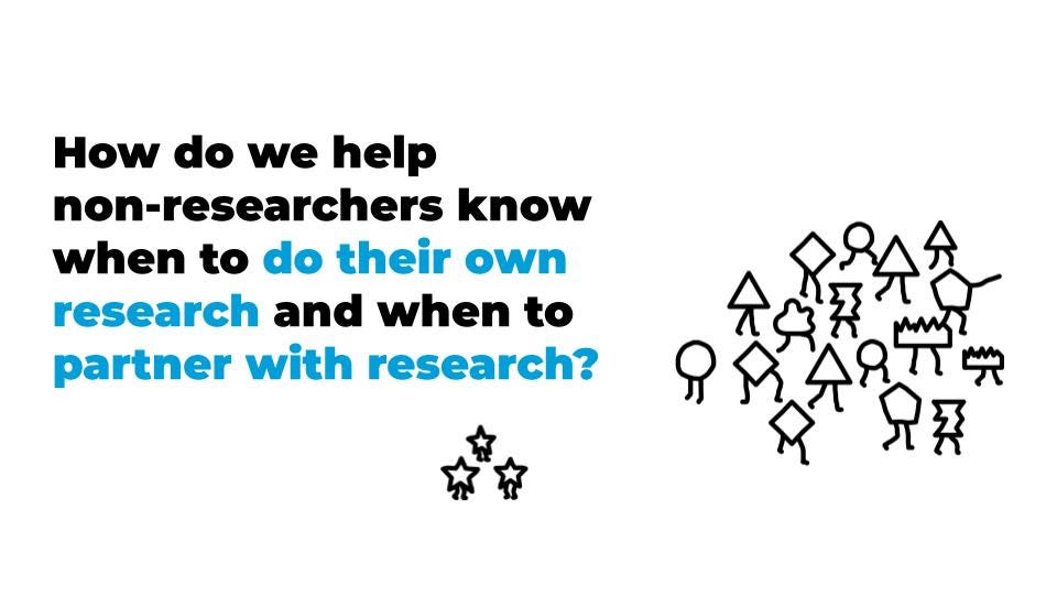 Shapes illustrate question:How do we help non-researchers know when to do their own research & when to partner with research?