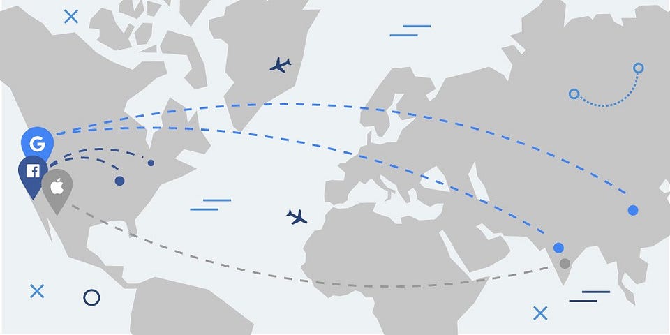 A map of the world showing places where tech companies like, Google, Facebook, and Apple commonly outsource their services.