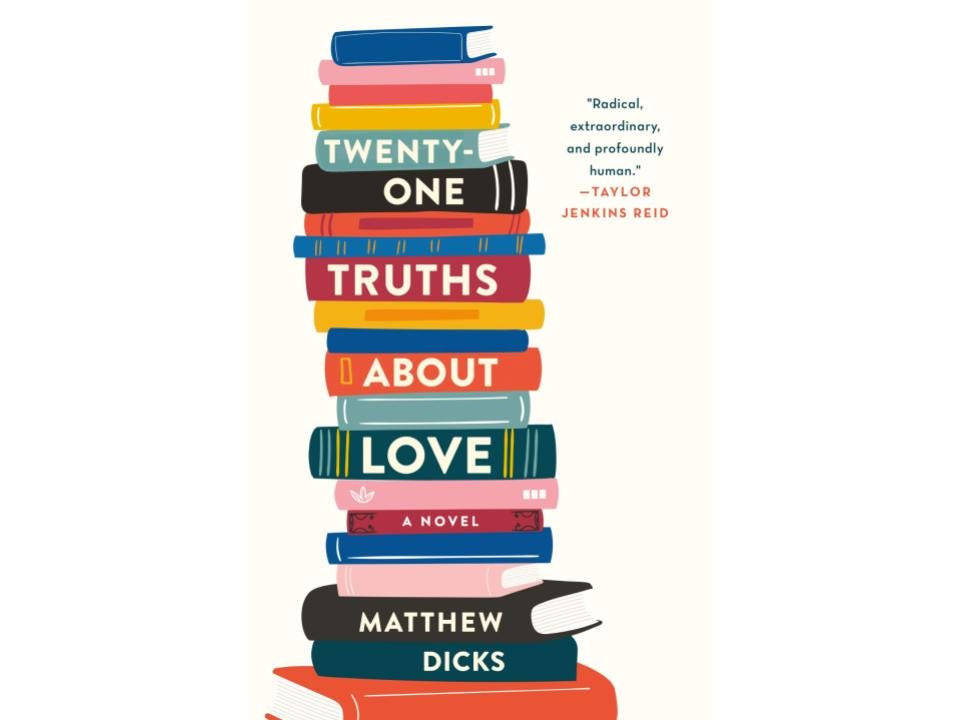 Book cover for “Twenty-One Truths About Love” depicting a stack of books.