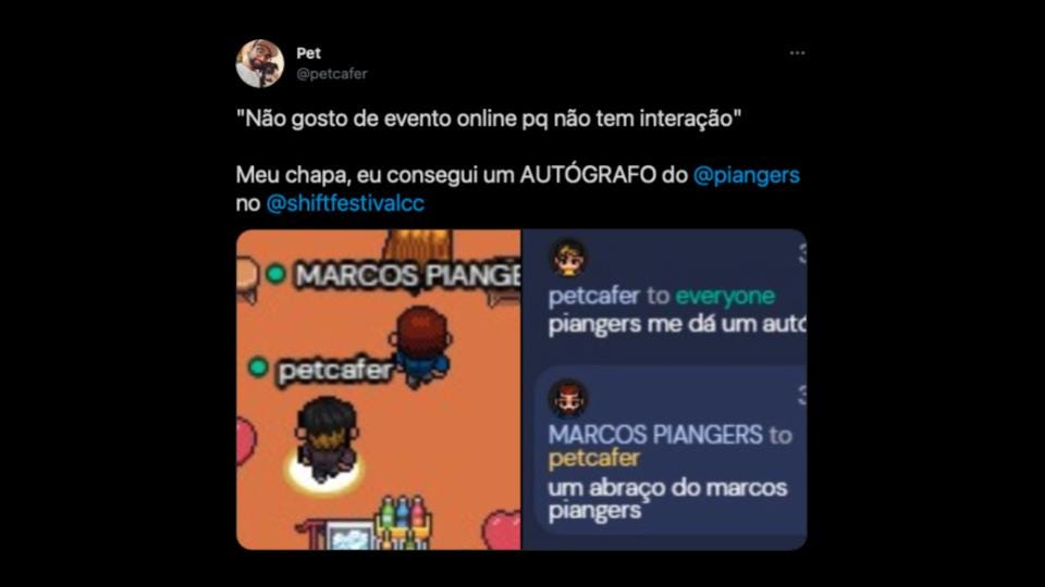 Imagem de tela de um tweet com as frases: "Não gosto de evento online por que não tem interação". Meu chapa, eu consegui um autógrafo do Marcos Piangers.