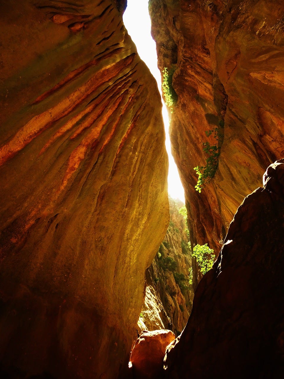 Looking upwards between two rock walls of a crevice. The sunlight glares from the top of the crack, and softly lights the walls in an orange glow.