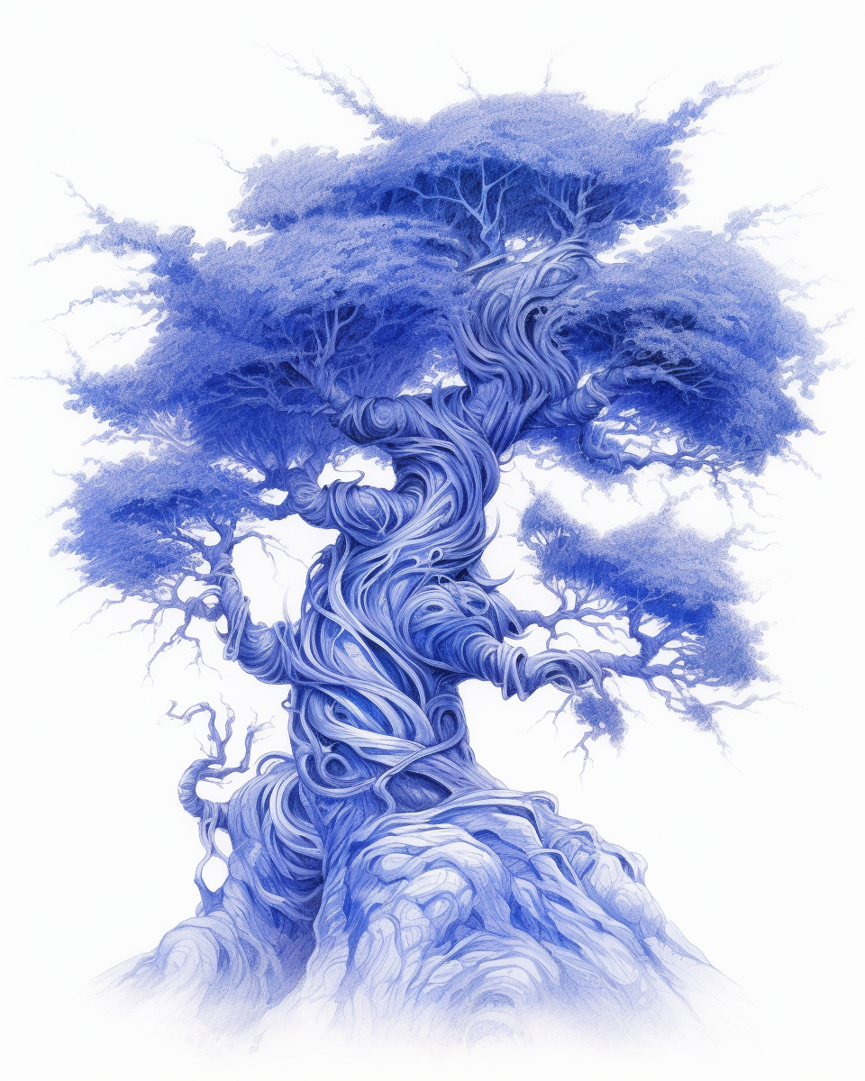 AI generated drawing of an enormous mythical tree towering over the spectator.