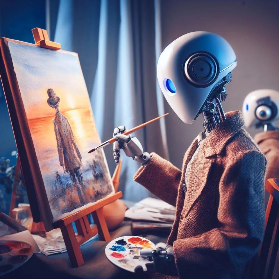 A robot painting a subject on a canvas