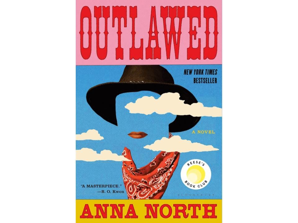 Book cover for “Outlawed” depicting a cowboy hat, lips and bandana against a sky with clouds.