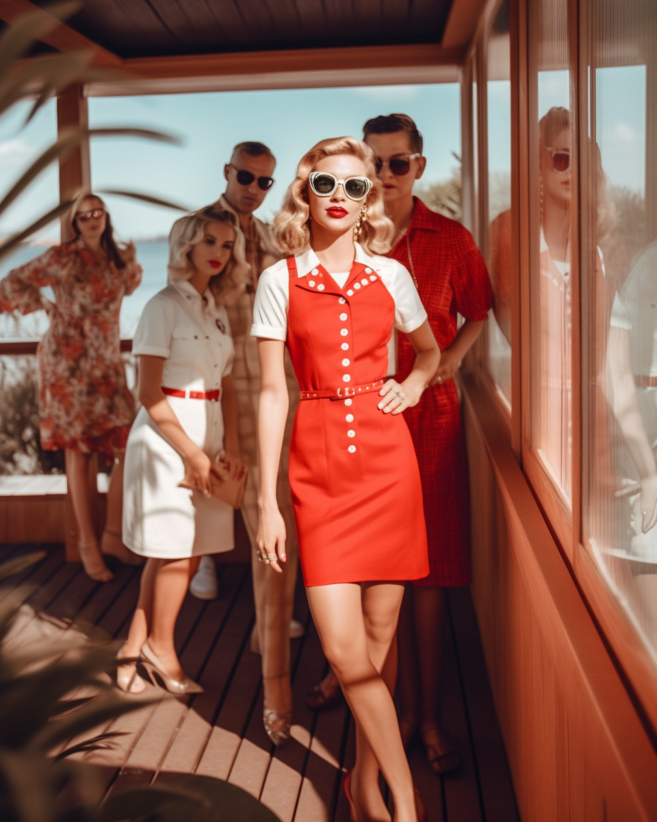 Midjourney was used to generate this vintage photo of woman in red dress at a beach house with friends admiring her, featuring ocean background, distorted faces, and asymmetrical dress collar.