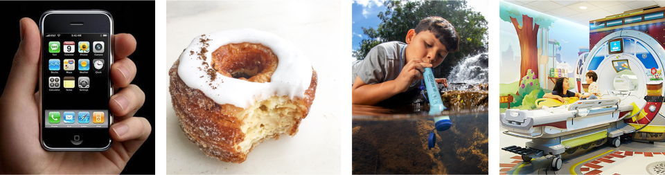 photo 1: phone + ipod = iphone. photo 2: donut + croissant = cronut. photo 3: straw + filter = filterable straw. photo 4: MRI machine + theme ride = decorated MRI machine, to make experience less scary.