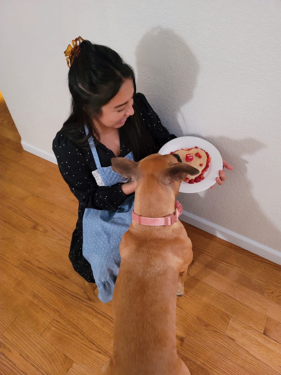 Anne holding a plate of the pet friendly birthday cake while Shia, Anne’s dog, smells it.