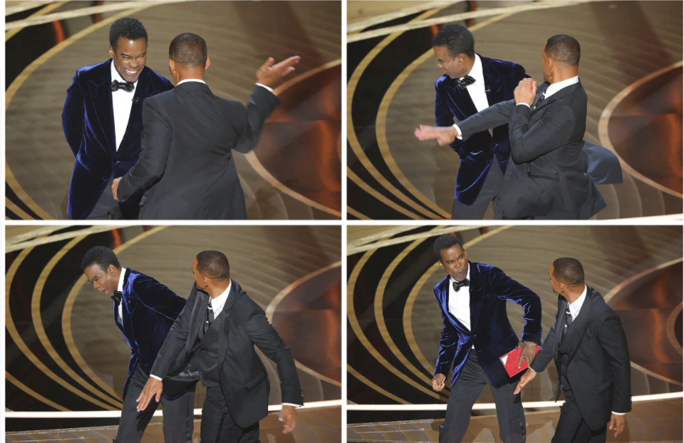 Will Smith slaps Chris Rock on Oscar night, stunning the audience.