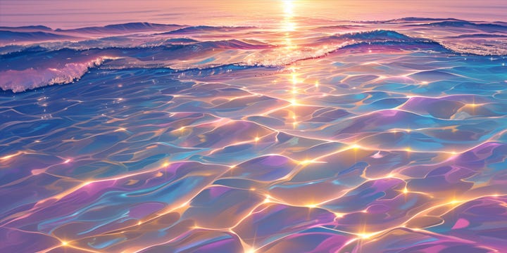 Beautiful sunset ocean scene with blue water highlighted with pink and gold.