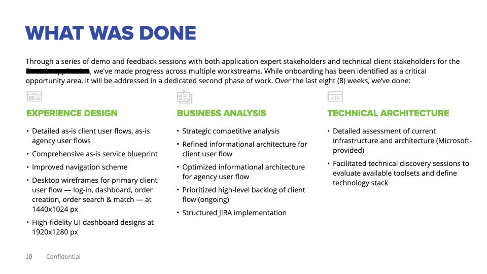 A project summary slide titled ‘What was done’ showing accomplishments from an 8-week engagement with a healthcare workforce management company. The slide is organized into three columns: Experience design (green), business analysis (green), and technical architecture (green).
