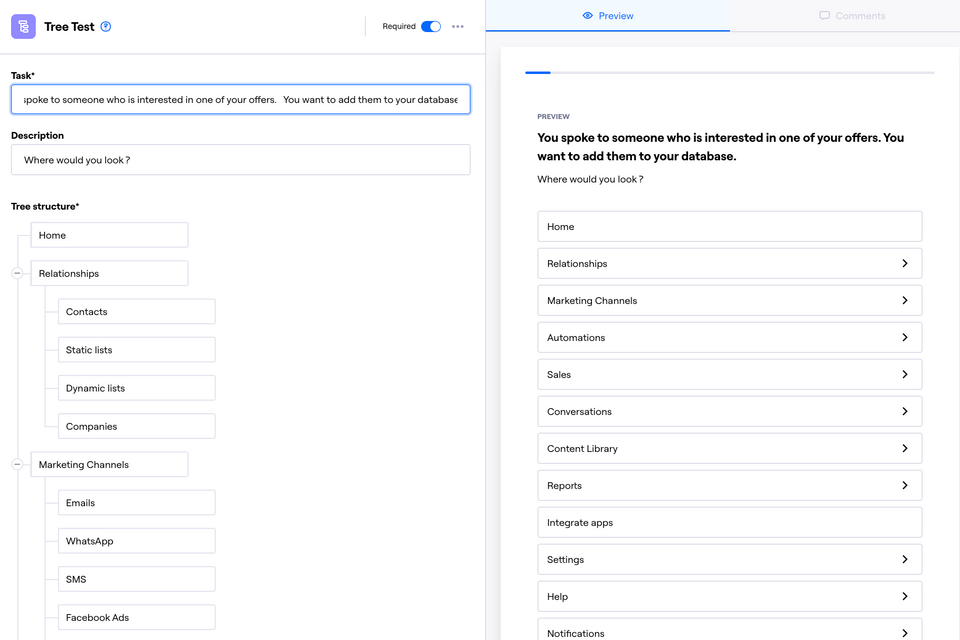 Screenshot depicting our tree test with structured navigation levels and their sub-levels.