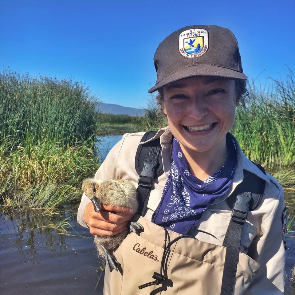 Jesy Simons, FWS Scholar and Wildlife Biologist, with a duckling at Lower Klamath National Wildlife Refuge.