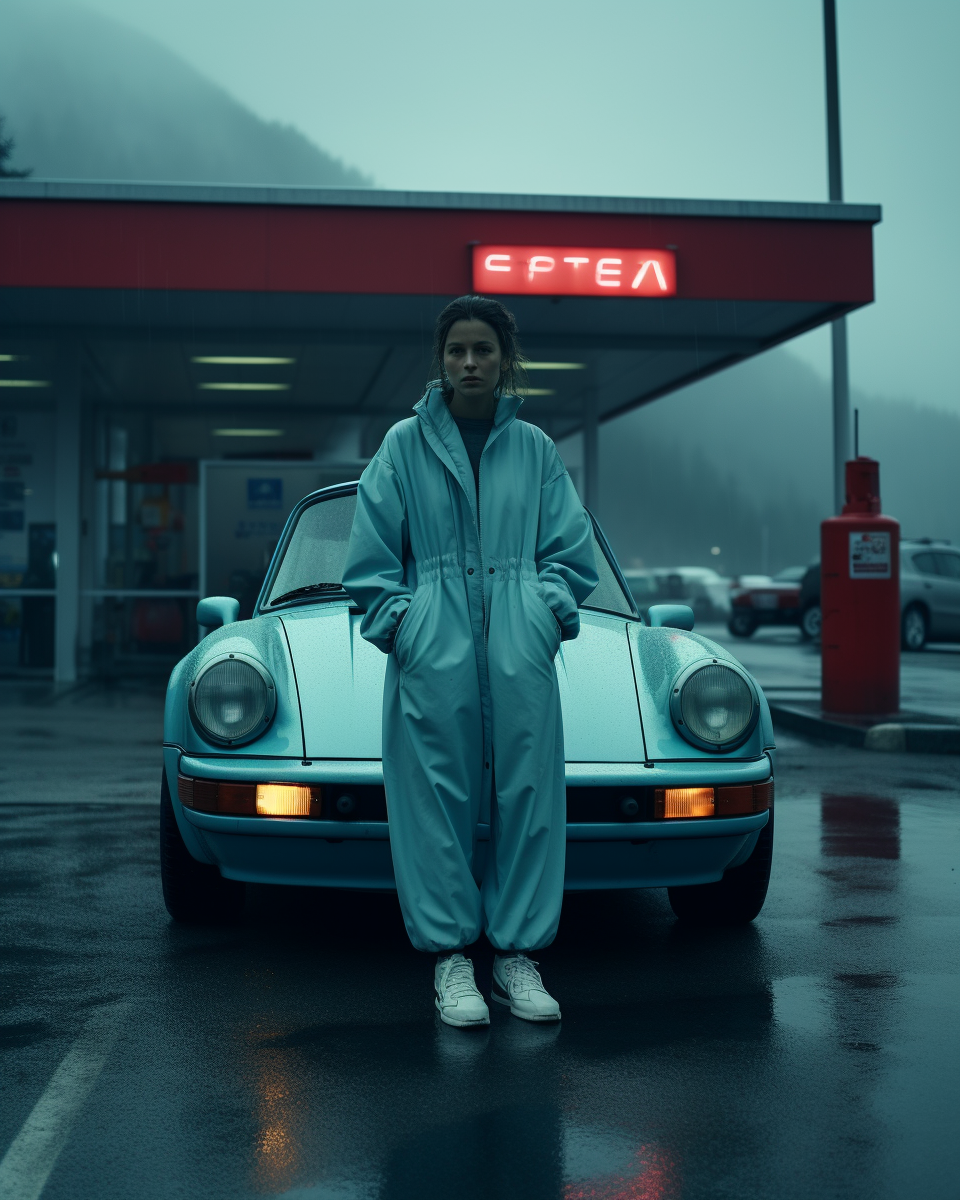 A turquoise Porsche Singer turbo at a gas station in the alps, woman in raincoat, moody, misty, ultrarealism, photorealistic, 4K, cinematic lighting, shot on canon eos r6 mark II, lens 35mm, f/ 1. 8 by YannickM