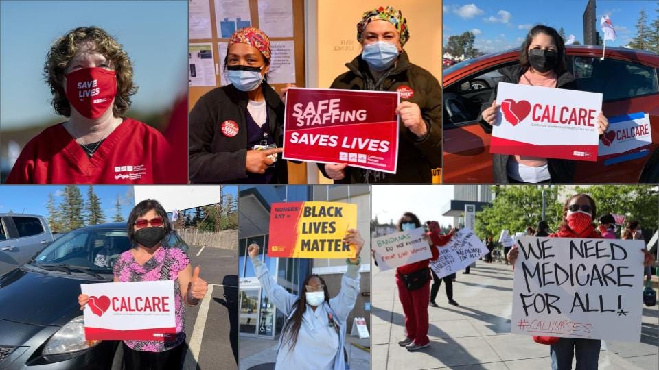 Photo compilation of nurses and community supporters holding placards for Safe Staffing, CalCare, Black Lives Matter, and Medicare for All.